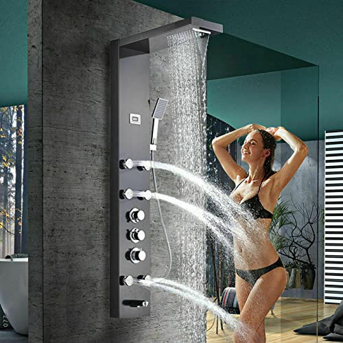 Wieoc Robinet de tour de panneau de douche thermostatique noir système de pulvérisation de tête de pluie Jet de massage