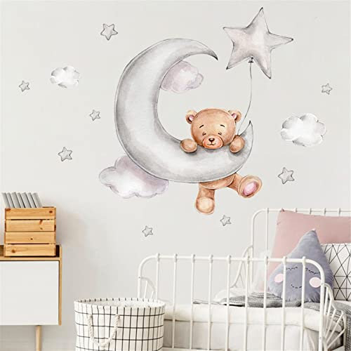Glücksvogel Kinderzimmer Deko Wandtattoo Bär mit Wolken Sterne Mädchen Junge Wandsticker Wandaufkleber für Spielzimmer Wanddeko Babyzimmer Wandbild Kinder (B, One Size)