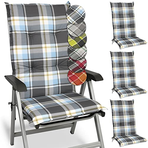 Beautissu 4er Set Hochlehner Auflagen Set Gartenstühle 120x50 cm Polster Blau Kariert – 6cm Dicke Polsterauflage Bequem, rutschfest & UV-Lichtecht 5 – Stuhlkissen Sitzauflage – Sunny BK