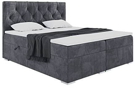MEBLINI Boxspringbett mit Bettkasten - Gepolstert Doppelbett mit Matratze und Topper - Polsterbett mit Stauraum - Bett mit Kopfteil - Stauraumbett - Roma - 140x200 - H3/Dunkelgrau Samt