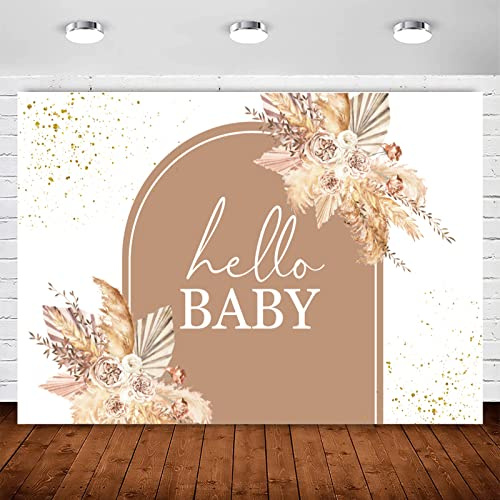 InMemory Boho-Baby-Party-Hintergrund – Pampasgras, Blumenmuster, Regenbogenbogen, Hello-Fotografie-Hintergrund für böhmische Mädchen, Dekoration, Oh Party, Banner, Fotokabinen-Hintergründe, 3 x 2,1 m