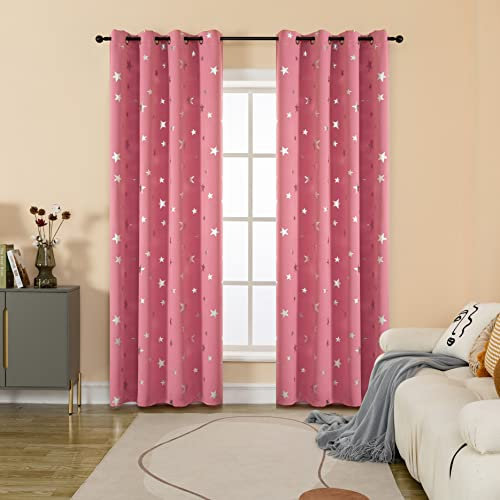 GIRASOLE HOME® Coppia Tende Oscuranti Morbide Fantasia Stelle Argentate Tenda Morbida per Interni con Occhielli 2 Pannelli (Rosa, 140x290cm)