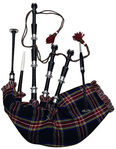Gaita de tamaño completo para principiantes y adultos con hermoso acabado negro, canto de práctica con accesorios, tubo de bolsa para adultos (color negro STEWART tartán)
