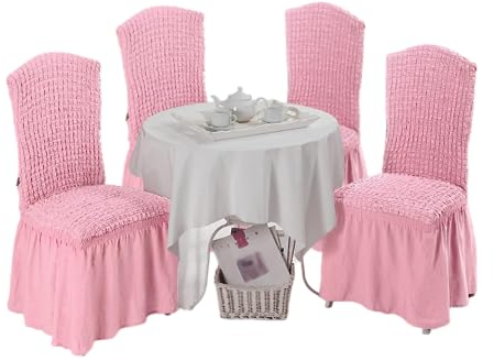 My Palace Stuhlhussen Bianca - mit Rüschen 4er Set elastische Stretch Hussen für Esszimmerstühle Hochzeit abnehmbare und waschbare Stuhlbezüge Chair Cover, Stuhl-Sitzbezug, Stuhlüberzüge rosa