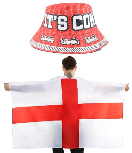 I LOVE FANCY DRESS England Supporters Set - England Bucket Hat and St George's Wearable Flag Cape - Football Rugby Celebration Accessory Set