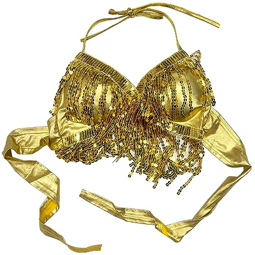 ZUYPSK Damen Pailletten BH Bauchtanz Kostüm Oberteil Latin Neckholder Tops Frauen Tanzen Quaste Top Bikini Yoga Party Clubwear (Gold, Einheitsgröße)