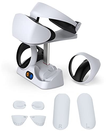Station de Charge pour Manette for PS5 VR2 avec Coussinet en Silicone antidérapant, Station de Charge avec Support de Casque VR et Support de Casque for PS VR2, Chargeur de Manette magnétique