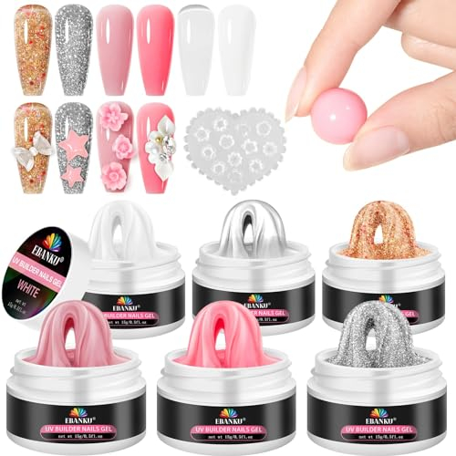 EBANKU Hard Builder Gel for Nails, 6 Colors Non-Sticky Hand Nail Extension Solid Builder Gel Sculpture Builder Gel Nail Extension Gel Kit with Silicone Mold for Nail Salon