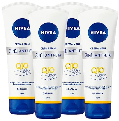 Nivea Handcreme 3in1 Anti-Alter Q10 & UV-Filter Anti-Falten, Feuchtigkeitsspendende Lotion verhindert Flecken und Erweichen der Nagelhaut - 4 Flaschen à 100 ml