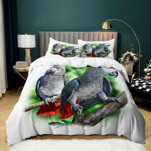 WHUOEUCO Bettwäsche Set Grauer Papageienvogel 135 x 200 cm Bettbezug Set Erwachsene Kinder Weich Atmungsaktiv Microfaser Betten Set mit Reißverschluss und 2 Kissenbezug 80 x 80 cm