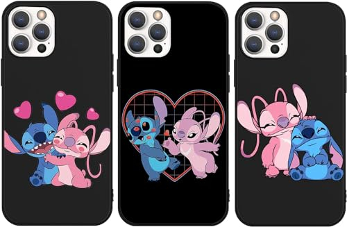 nurkorki [3 Stück Karikatur Anime Handyhülle für iPhone 15 Hülle 6,1, Kawaii Stitch Niedlich Lustig Muster Schwarz Matt Weich TPU Silikon Schutzhülle, Kratzfest Bumper Hülle für iPhone 15