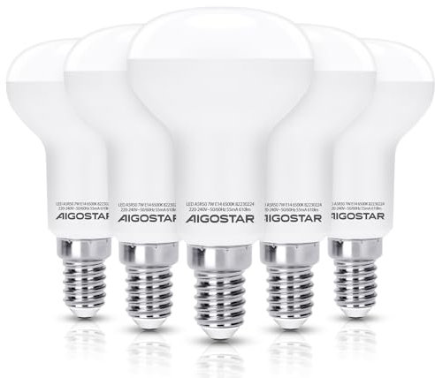 Aigostar E14 LED Reflektor Kaltweiß 7W Lampe 610 Lumen Glühbirne Leutchtmittel 6500 Kelvin, R50 170° Abstrahlwinkel Energiesparlampe, 5 Stücke