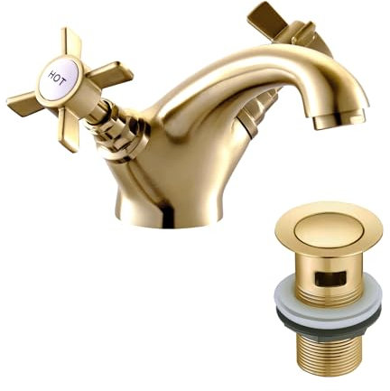 Golden Victorian Bathroom Sink Tap for Basin with Pop Up Sink Plug Dual Cross Lever Brass Swan Neck Bathroom Tap Mixer Traditional Basin Mixer Tap 044GO