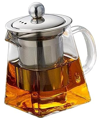 OUNONA Heat Resistant Glass Tea Pot Stainless Steel Infuser 950ml Square Glass Tea Kettle for Loose Leaf Suitable for Home and Office