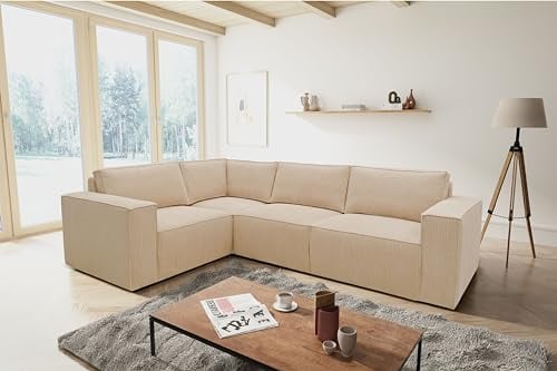 DOMO. collection Ecksofa Portland, Sofa in L-Form, modernes Cord-Sofa, Couch, Ecke, Polsterecke Eckcouch, 277 x 197 x 84 cm (BxTxH), Cord creme