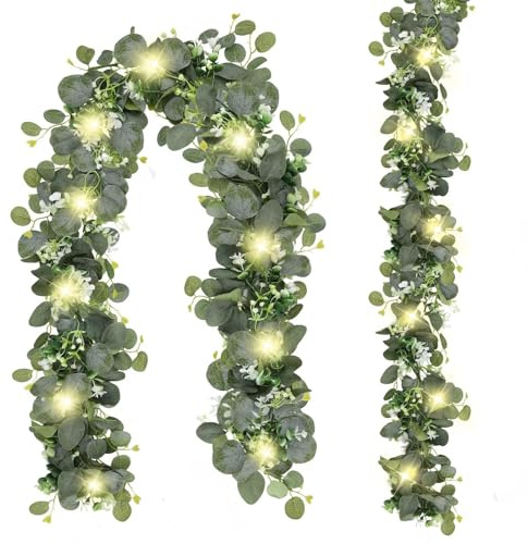 N&T NIETING 2 Pack Artificial Eucalyptus Garland with Lights, 6FT Artificial Greenery Garlands, Battery Operated Twig Vine for Room Stairs Mantle Wedding Holiday Mothers Day Decoration Indoor Outdoor