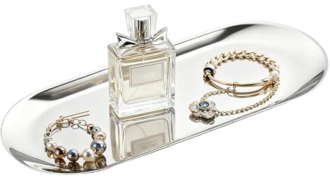 Bandeja Decorativa Acero Inoxidable 18cm Estilo Nórdico Ovalada Plata | Organizador Encimera Plato Pastel Espejo Joyas Cosméticos