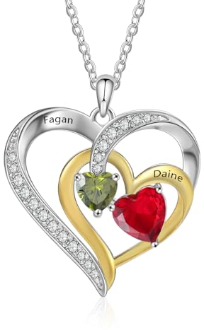 lorajewel Personalisierte Damen Halskette Kette mit Namen - Herz-Anhänger aus Gold und Silber Namenskette - Geschenk für Mama Muttertag Frau Valentinstag Freunde Weihnachten (2 STONE)