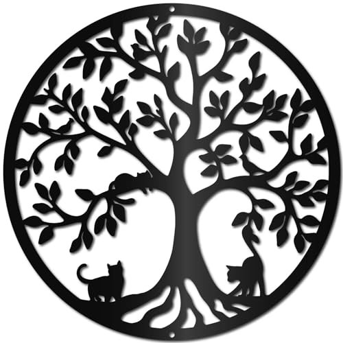 CREATCABIN Tree Of Life Metal Wall Decor Cat Iron Wall Art Black Wall Sculpture Wall Hanging Ornament Hollow Indoor Metal Wall Display Gift for Family Friend Housewarming Party Birthday 11.8x11.8 Inch
