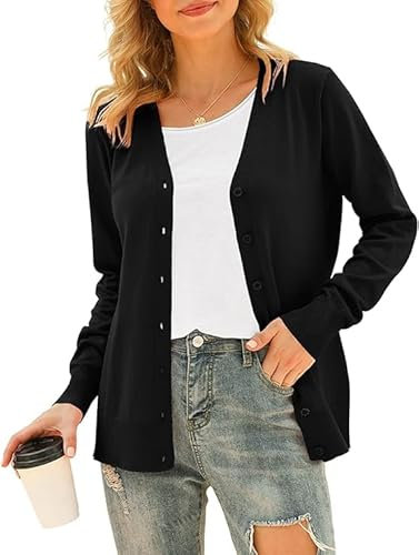 Yommay Cardigans for Women Long Sleeve Soft Basic V-Neck Button Down Lightweight Knitwear Solid Elegant Ladies Sweater,Black,XL