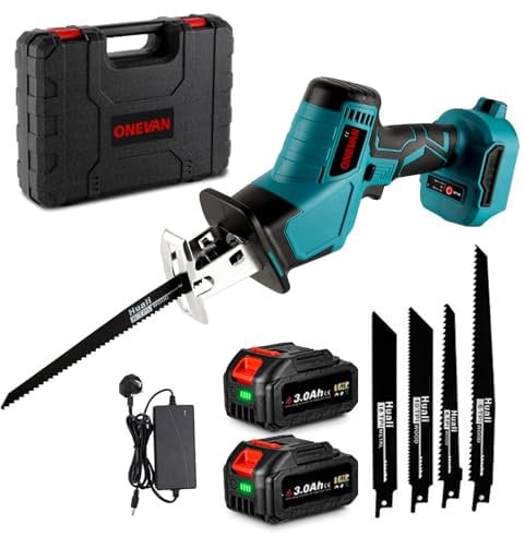 ONEVAN Electric Reciprocating Saw - Cordless Saber Saw, 300W, 0-3100SPM, 4 Blades, Wood, Metal, Pipe Cutting, 2x3.0Ah Batteries, Fast Charging