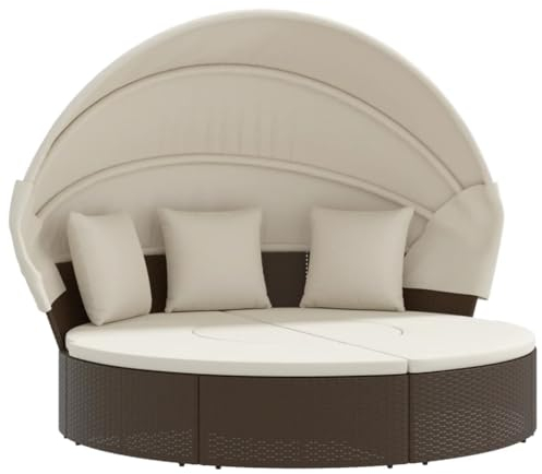 vidaXL Sonneninsel mit Dach Kissen, Sonnenliege mit Stahlrahmen, Loungebett für Außenbereich, Gartenliege Sonnenbett, Braun Poly Rattan
