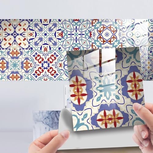 Fliesenaufkleber Retro Farbige Muster Multicolour Mandalas Mix Klebefliesen Bad Wandfliesen,Pvc Fliesensticker Fliesen Marokko Selbstklebende Tapete Wasserdicht Wandaufkleber, 10 Stück, 10×10Cm