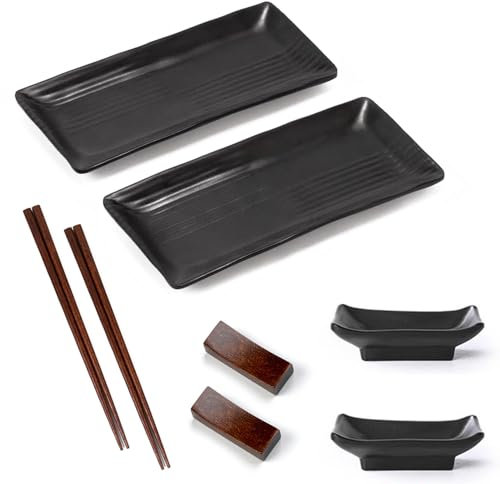 Ensemble de Vaisselle à Sushi 8 Pièces, Assiette à Sushi en Ardoise pour 2 Personnes avec Bols à Trempette, Vaisselle Japonaise, Bols à Trempette, Assiettes en Ardoise, 21 × 10 cm, Noir, Marron