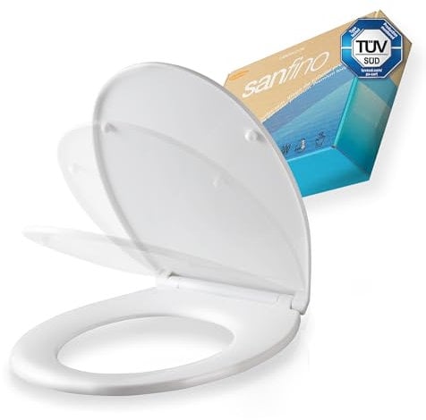 SANFINO® WC Sitz mit Absenkautomatik oval – Einfache Montage, 5 Jahre Garantie – Klobrille abnehmbar mit Schnellverschluss – Toilettendeckel aus Kunststoff 99,99% antibakteriell, O-Form Klodeckel Weiß