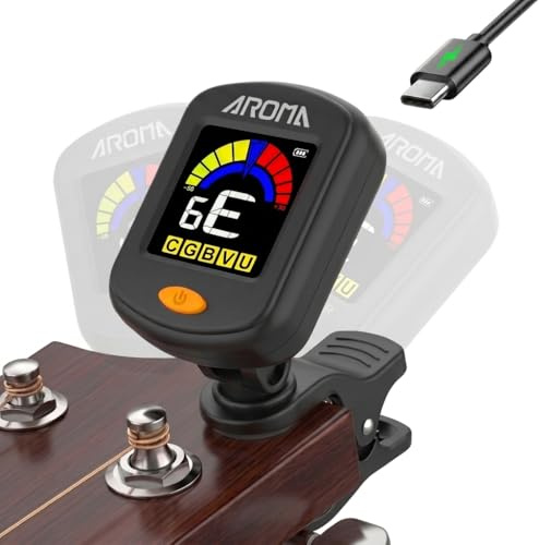 Ulumac Aroma wiederaufladbares Gitarren-Stimmgerät zum Anklippen für Gitarre, Violine, Ukulele, Bass, Mandoline mit chromatischen Stimmmodi, Vollfarbdisplay, schnelles und genaues Stimmen, Orange