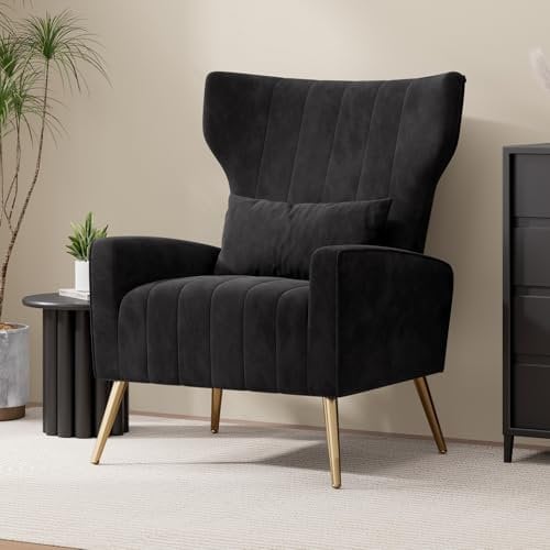 Hawthyhome Relaxsessel Fernsehsessel Ohrensessel mit Kopfkissen und Gold Metallfüßen Einzelsofa aus Samt bis 130kg Schlafzimmer/Wohnzimmer/Lounge Schwarz