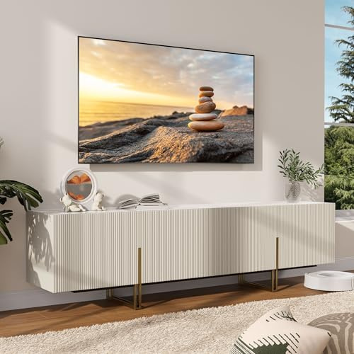 Homary Meuble TV Moderne en Pierre Frittée et Bois, Long Centre Multimédia avec Rangements, Console TV pour Salon, Chambre (Ivoire Brillant, 220 cm)