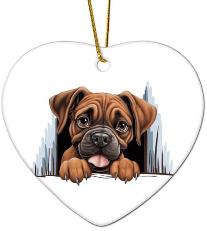 Christmas Ornaments 2024 Peeking Boxer Porzellan Anhänger Geschenk für Hund Mama Weihnachtskugel Geschenk Sammlerstück Geschenk für Weihnachtsbaumschmuck Keramik Herz 7,6 cm Weiß