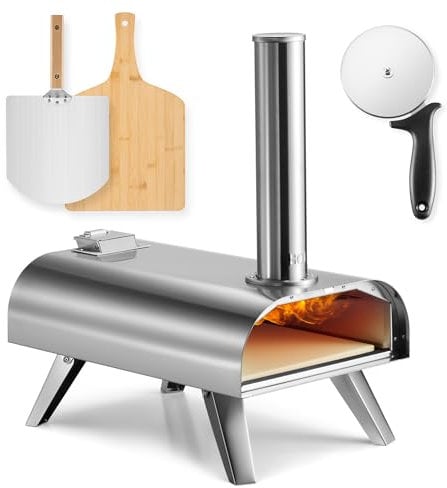 VonHaus Pizza Oven Outdoor – For Tabletop with Accessories, Peel, Chopping Board, Cutter, Storage Bag – Stainless Steel, Pellet Fuelled, Removable Chimney, Foldable Legs – For up to 12” Dough