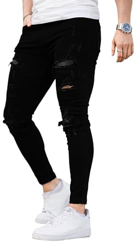 GINGTTO Homme Skinny Déchiré Pantalon Jeans Slim Fit Ripped Pantalons Denim pour Hommes Stretch Jegging Élastiquée Jean Noir 34W/30L