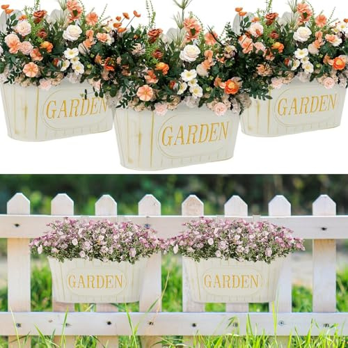 3Pcs Fence Hanging Plant Pot Vintage Metal Iron Hanging Baskets Outdoor Balcony Planter for Railing, Oval Rustic Flower Bucket with Detachable Hooks & Drainage Hole for Garden Porch Patio Deck
