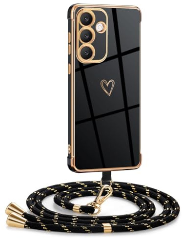 Mkej Coque pour Samsung Galaxy S25 FE avec Cordon, Coque avec Collier Motif Coeur d'amour Silicone Galvanisé Housse, Réglable Amovible de Cordon Case pour Samsung Galaxy S25 FE, Or Noir