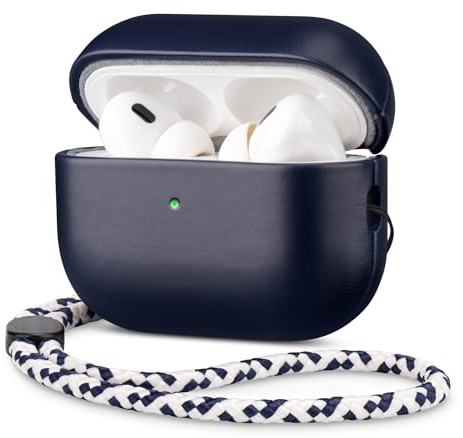 Rixeny Leder Hülle für Apple AirPods Pro 3 2025 Schutzhülle, Blau | Elegant-Stil Echt LederHülle case, mit Handschlaufe, Dunkelt mit Patina, Kompatibel mit MagSafe, Einfach tragbar