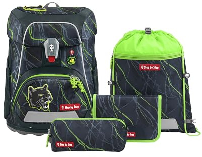 Step by Step Schulranzen-Set FIT „Danger Cat Chiko“ 5-teilig, grau-grün, Panther-Design, ergonomischer Tornister mit Reflektoren, höhenverstellbar mit Hüftgurt für Jungen ab der 1. Klasse, 19L