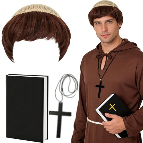 PANMAY FaschingskostüMe MäNner Mittelalter Mönch Kostüm Herren, Fasching Kostüm Mönchskutte mit Priesterrobe Mönch Robe Klassische NotizbüCher und Kreuzverzierungen für Karneval Priester Kostüm