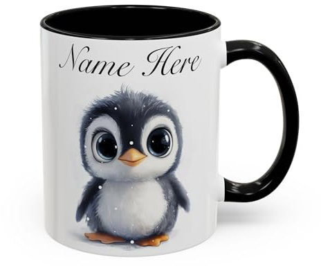 Personalised Penguin Mug, Custom Name Gift for Girlfriend, Cute Penguin Design Coffee Cup for Her, Unique Animal Lover Gift Idea for Women, Birthday or Christmas (Black 11oz, Mug)