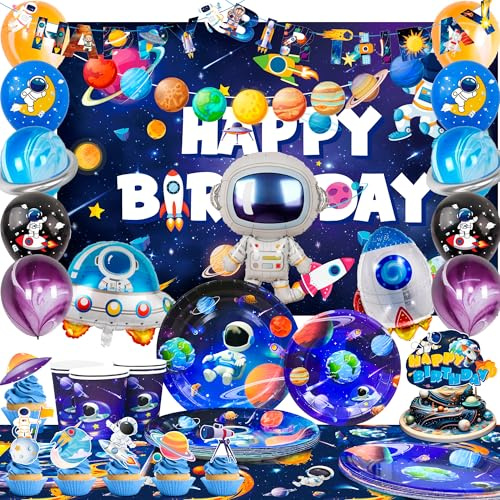 Space Birthday Decorations, 88pcs Space Party Decorations & Space Themed Party Tableware Kit - Astronaut Birthday Banner Backdrop Plates Napkins Tablecloth etc Space Themed Party Decorations
