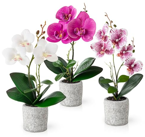 PASCH® Kunstblumen im Topf (35cm) - 3er Set Orchideen künstlich abgestimmtes Arrangement in Zementtöpfen, Deko Blumen künstlich, künstliche Orchideen (Weiß-Rosé, StoneCubes)