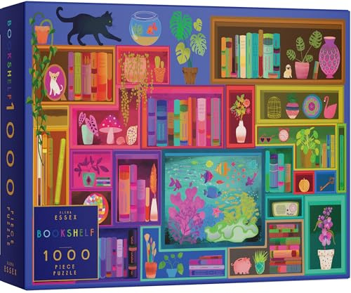 Elena Essex Puzzle 1000 Teile – Bücherregal, Puzzle 1000 Teile, Puzzles für Erwachsene, Bunte Bücher, Katze, Blume, Regenbogen-Puzzle, Größe 71,1 x 50,8 cm