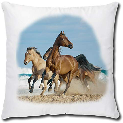 TRIOSK Kissen mit Pferdemotiv Pferde am Meer als Geschenk für Pferdeliebhaber Mädchen Frauen, Dekokissen Bezug inkl. Füllung Reißverschluss, Weiß Bunt, 40x40 cm