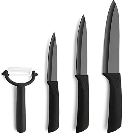 Amefa Auenthal Juego de cuchillos de cerámica de 4 piezas, cuchillas negras de cerámica, extremadamente afiladas y ligeras, cuchillo de chef, cuchillo multiusos, cuchillo para mechar y pelador, sert de cuchillos de cerámica