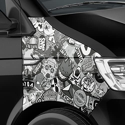 Auto-Dress Stickerbomb Auto-Folie mit Luftkanal-Technik für 3D Car-Wrapping (50x150cm, Design: Skate, Farbe: Schwarz-Weiß, Finish: Glanz)