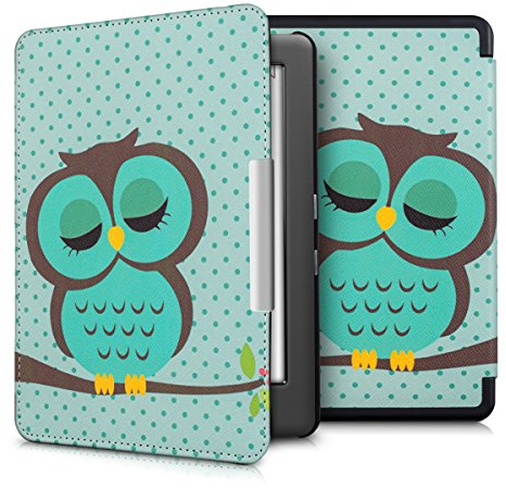 kwmobile Klapphülle kompatibel mit Kobo Glo HD/Touch 2.0 Hülle - eReader Case - Eule Schlaf Türkis Braun Mintgrün