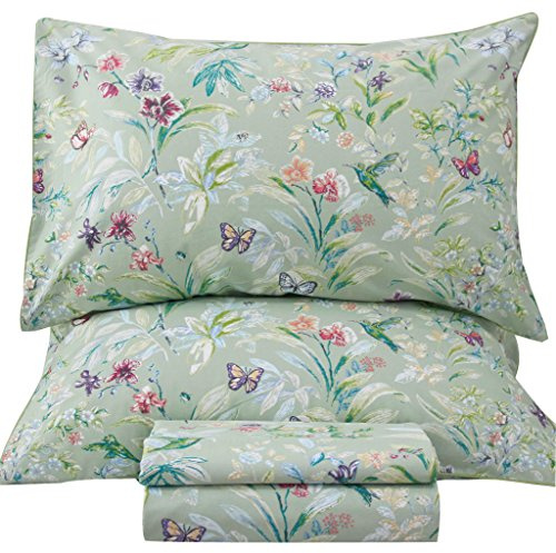 QSH Bettlaken-Sets für King-Size-Betten mit Blumenmuster – grüne Blume, Vogel, Schmetterling, botanische Bettwäsche, ägyptische Baumwolle, Bedruckte Bettlaken, King-Size-Bett, extra weich und