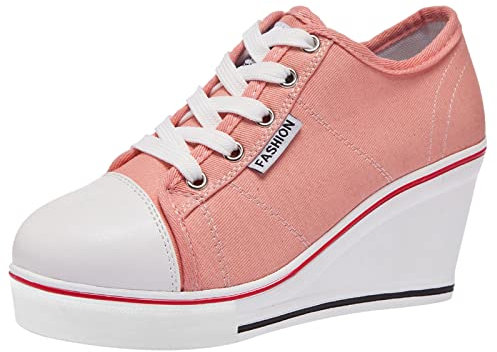 ANUFER Femmes Talon Compensé Lacets Toile Chaussure de Sport Espadrilles Rose SN02435 EU35